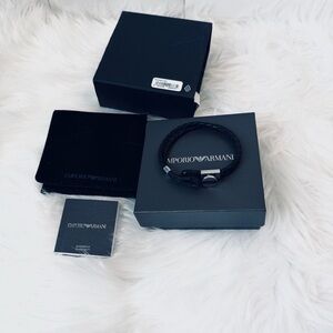 Emporio Armani Black Leather Bracelet with Palladium Hardware Accents